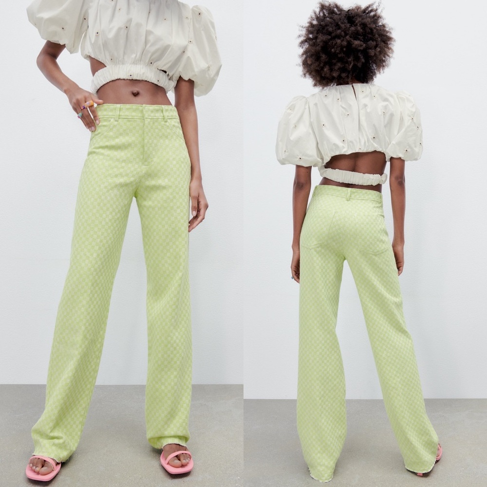 Zara GINGHAM STRAIGHT LEG PANTS GREEN SIZE S NEW
